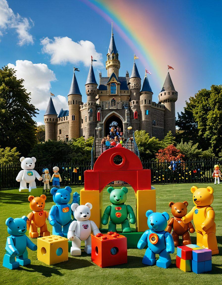 A vibrant playground teeming with colorful, imaginative toys, including a futuristic robot and a classic teddy bear, surrounded by cheerful children engaging in creative play. In the background, a whimsical landscape features oversized blocks, a glowing toy castle, and a rainbow. The scene captures the essence of joy and innovation in playtime activities for 2023. super-realistic. vibrant colors. playful atmosphere.