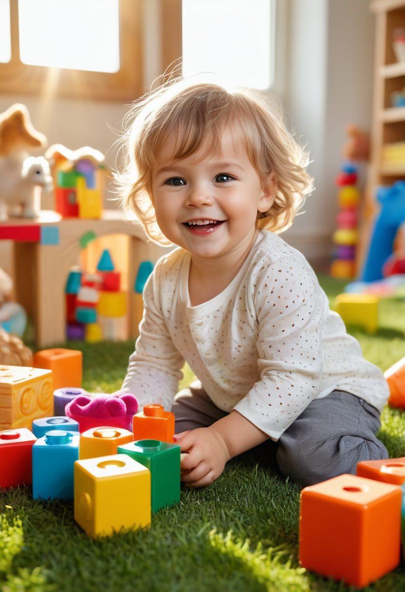 A joyful child playing safely with a variety of colorful, engaging toys in a bright, sunny environment. Include interactive elements like building blocks, plush animals, and educational games, showcasing safety features and imaginative play. The child is smiling, embodying happiness and creativity. The background can feature soft, playful patterns and pastel colors to evoke a warm and inviting atmosphere. vibrant colors. super-realistic.