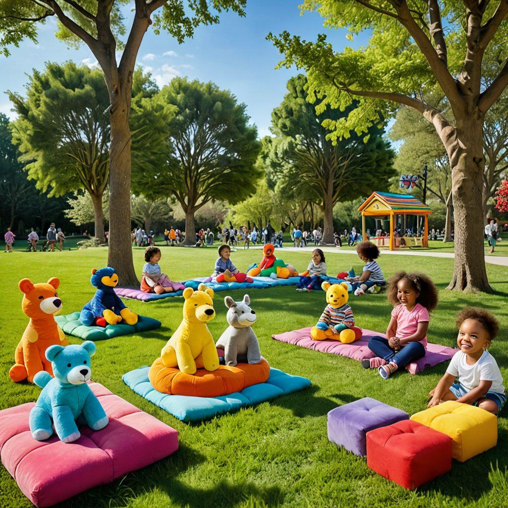 A whimsical scene showcasing a variety of unique toys that spark laughter and joy in children. Include colorful plush animals, interactive learning mats, and imaginative building blocks scattered in a bright, sunny park setting. Children of diverse backgrounds play together, laughing and exploring these toys, while vibrant flowers and trees frame the background. super-realistic. vibrant colors. playful atmosphere.